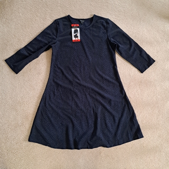New! Rachel Roy Knit Dress Black Blue Animal Print Womens Medium 3/4 Sleeve - Picture 1 of 10